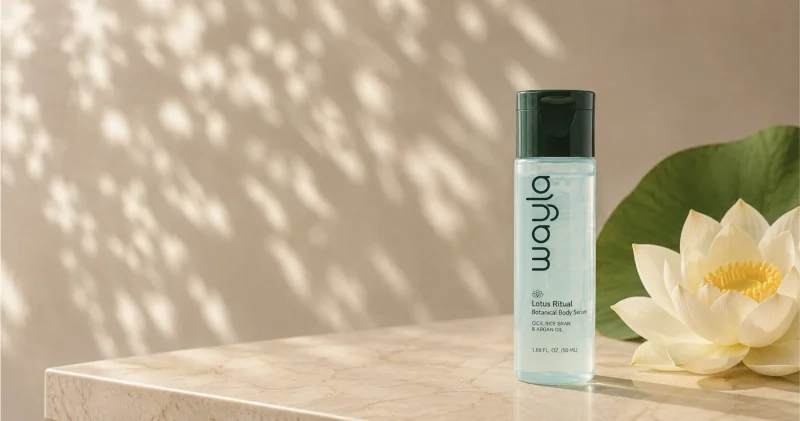 Wayla Lotus Ritual body serum bottle beside a white lotus flower